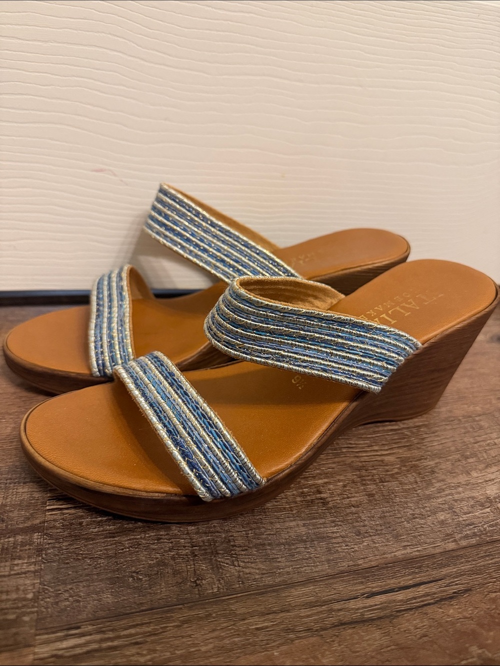 Italian Shoemakers Blue Striped Wedge Sandals